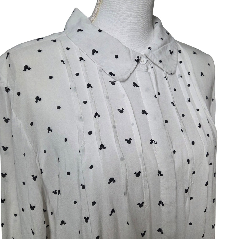Disney Mickey Mouse Polka Dot Pintuck Button Down Shirt White Rayon Plus Size 2